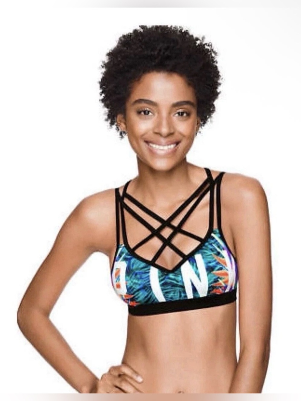 PINK Victoria's Secret Size Large Tropical Palm Strappy Cage Front Bralette- NWT